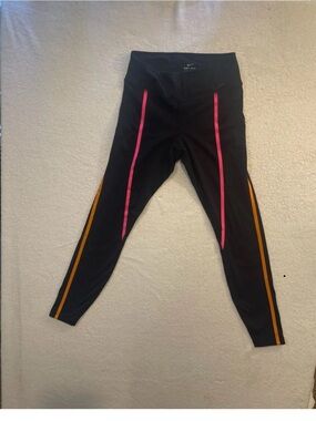 Nike Black Leggings with Pink Front Panels and Orange Side Stripes